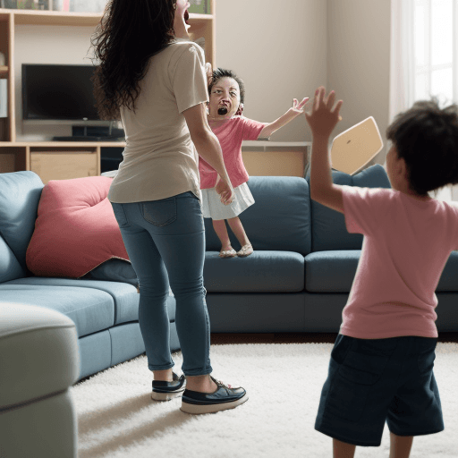 AI generated: Screaming children standing around a parent that is going crazy, in a living room