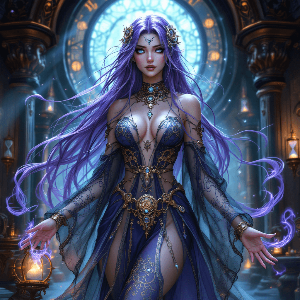 AI generated: The Time Weaver Sorceress: A mysterious and powerful mage with long, flowing, violet hair that seems...