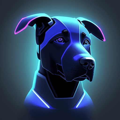 AI generated: A stylized robo-themed illustration of a Labrador dog head, seen directly from the front, in a blue ...