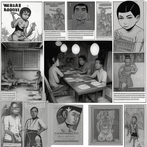 AI generated: Ikon wartel (warung telepon), gaya Strip Komik Era 1930-an, palet tebal dan kontras, karya seni Paul...