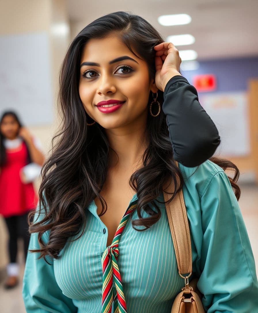 AI generated: a indian fair women fully model like sexy body, bg is college, big ballon type pumped up boops, in a...