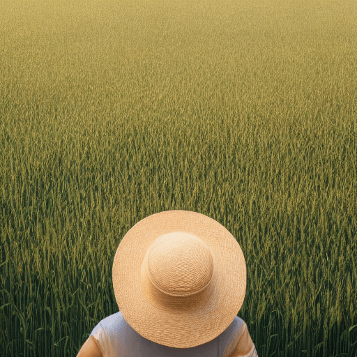 AI generated: Wheat field, a farmer uncle with a straw hat standing in a wheat field, big clouds, blue sky, rice f...