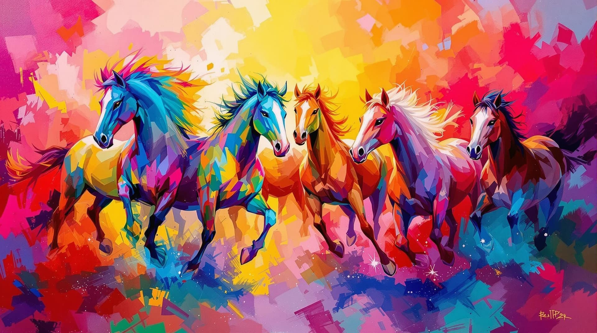 AI generated:    A lively and energetic oil painting in bright, vibrant colors showing    
 wild horses   The styl...