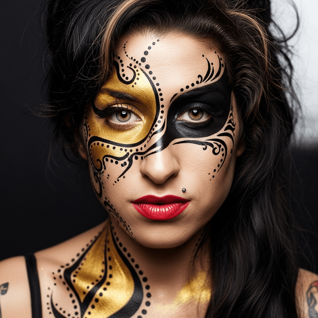 AI generated:  An image of a woman Amy Winehouse with a hyperrealistic style, showcasing an elaborate body paint d...