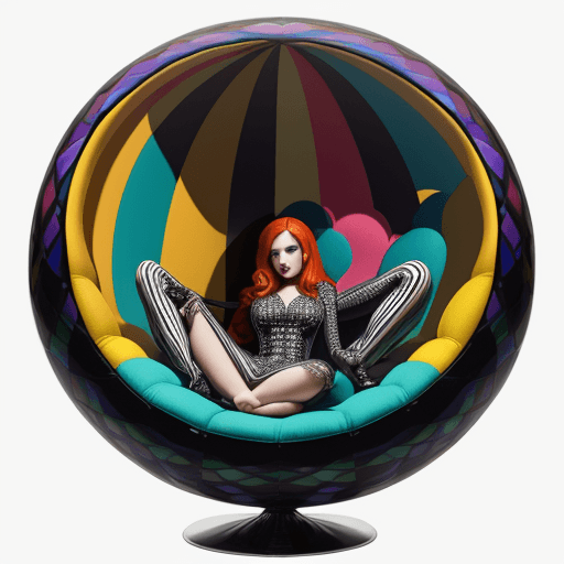 AI generated: Product photography, a colorful egg chair with Black widow striped pattern on it, in the style of es...