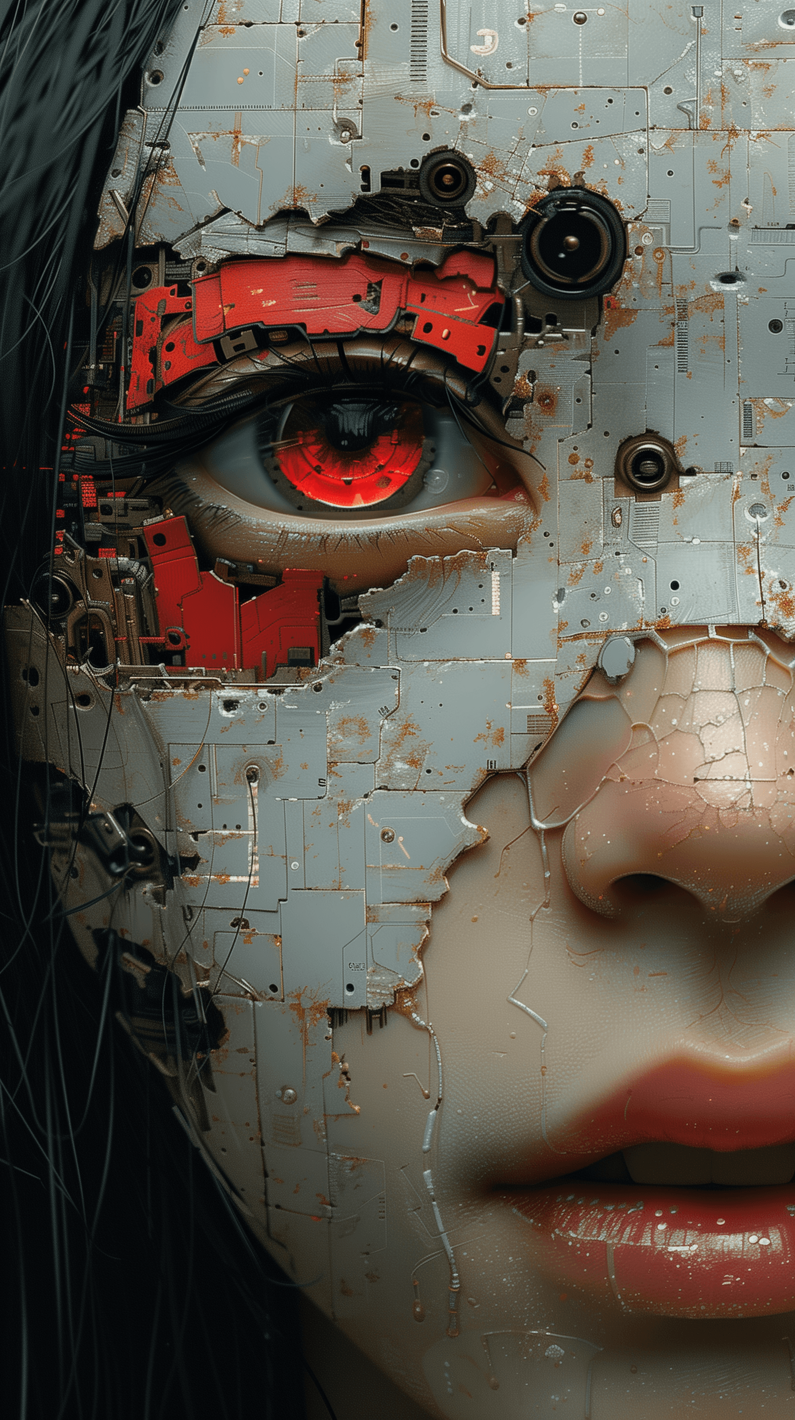 AI generated: artistic, pointage art, portrait, synthetic human with mechanic, complexity with details, empty eye,...