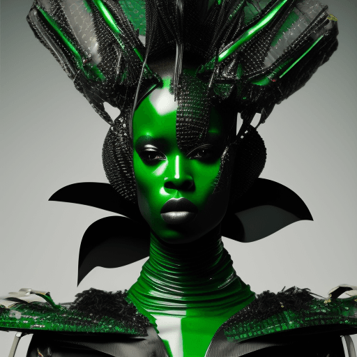 AI generated: Serious black female model, looking diagonally, dressed in extravagant and vanguardist clothing, pla...