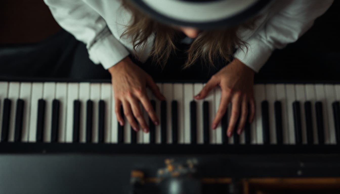AI generated: portrait capturing the essence of a pianist with white hat from an overhead perspective. Focus on th...