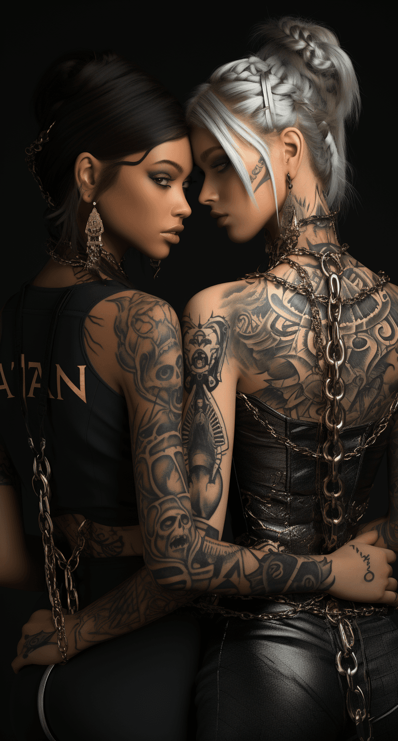 AI generated: a picture of two women showing tattoos, in the style of daz3d, urban and edgy, dark white and light ...