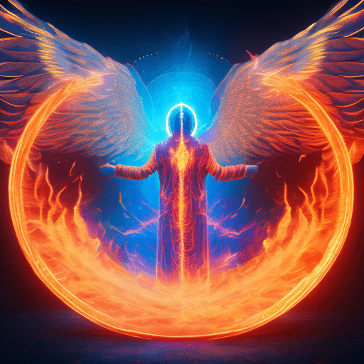 AI generated:  God of fire with wings, circle of fire behind subject, mist, Golden Ratio, full body, aesthetic fig...