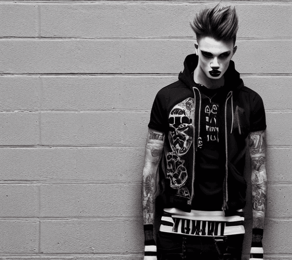 AI generated: Hyper realistic eye level full-body photo of a male clothing brand model, outfit style blends punk g...