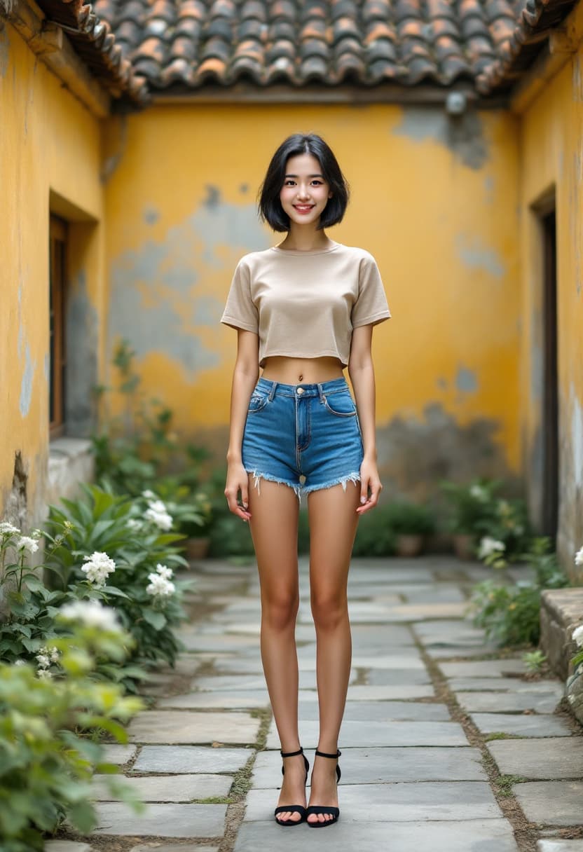 AI generated: A young East Asian woman with short black hair, smiling softly with delicate facial features, wearin...