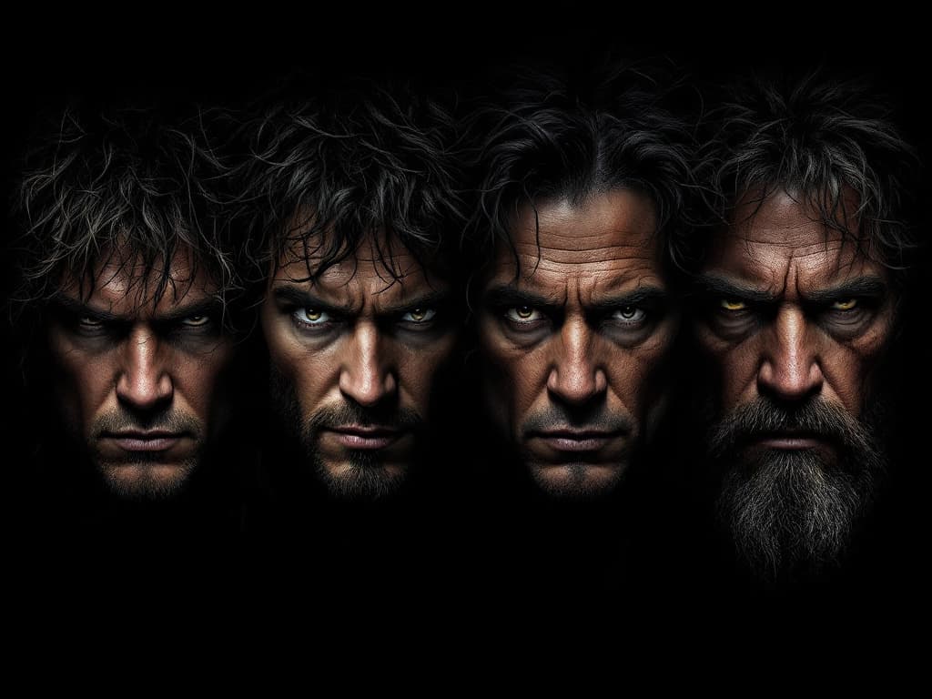 AI generated: A photorealistic depiction of a dramatic Classic Rock-inspired scene, featuring four stylized faces ...