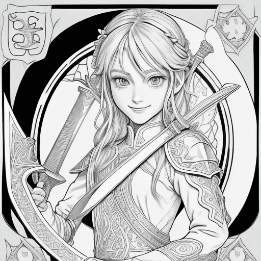 AI generated: Fairy coloring page, a swordsman, holding a sword and shield, with beautiful eyes, sweet smile, in t...