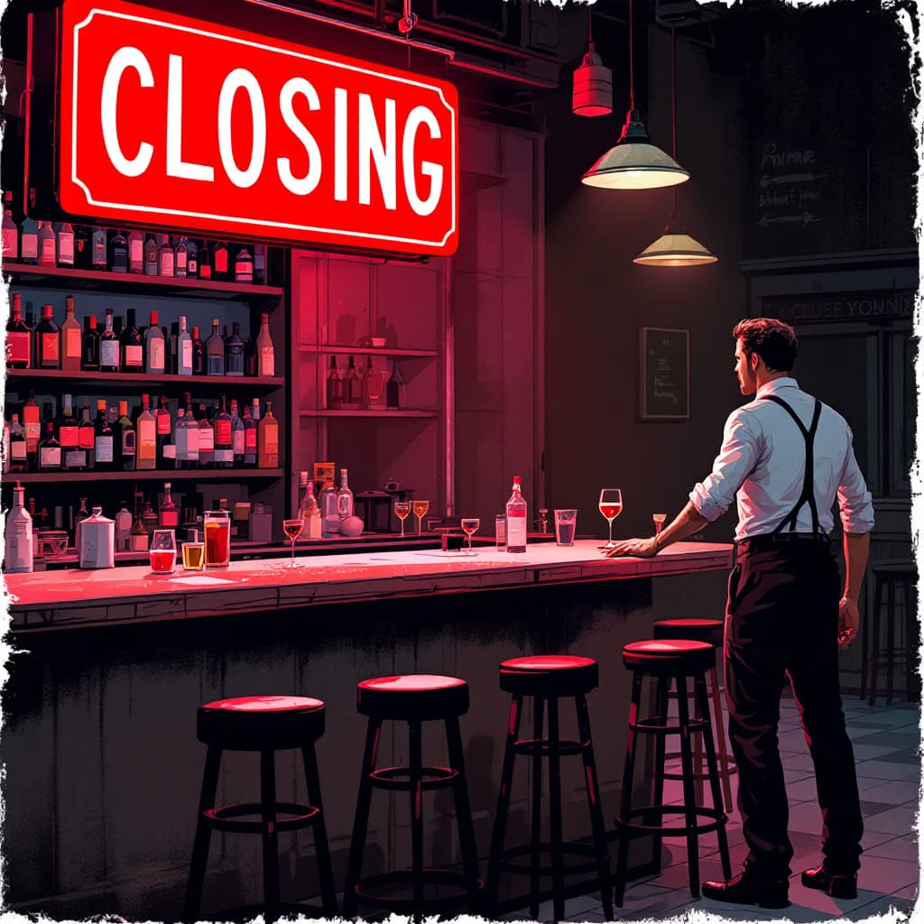 AI generated: closing time at a bar, with a big exit sign lit up a bartender putting the stools upside down on tab...