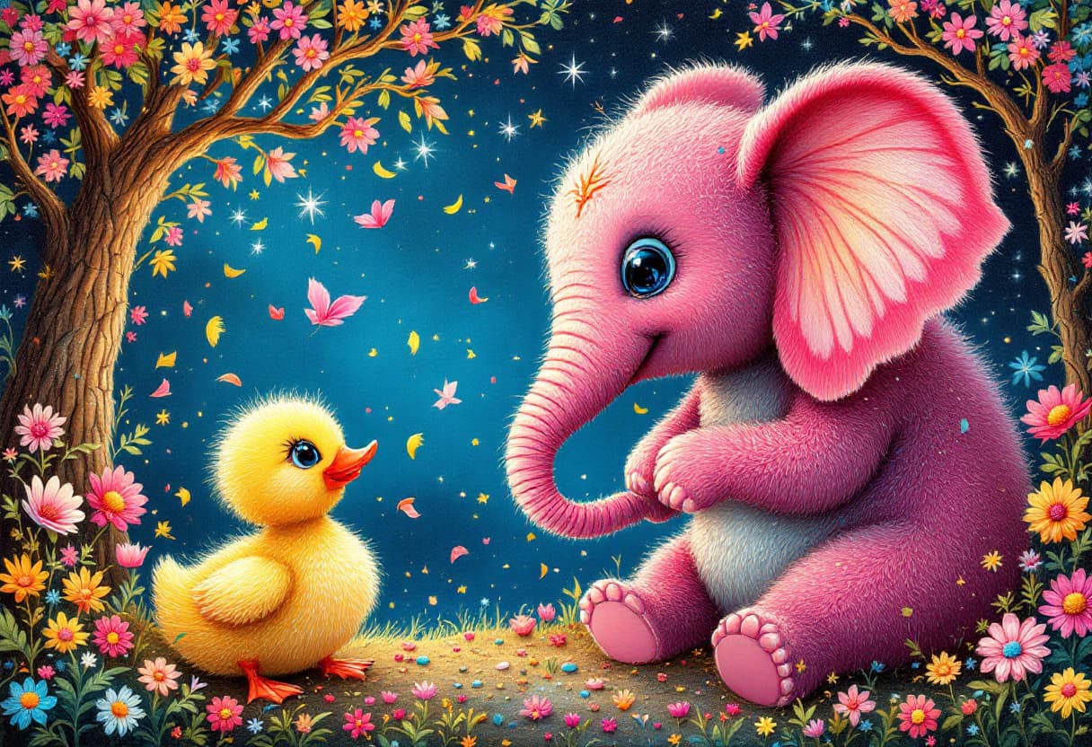 AI generated: European Pink Elephant shrew . and little playful duck. embroidery. A naive folk art. Dutch folk lan...