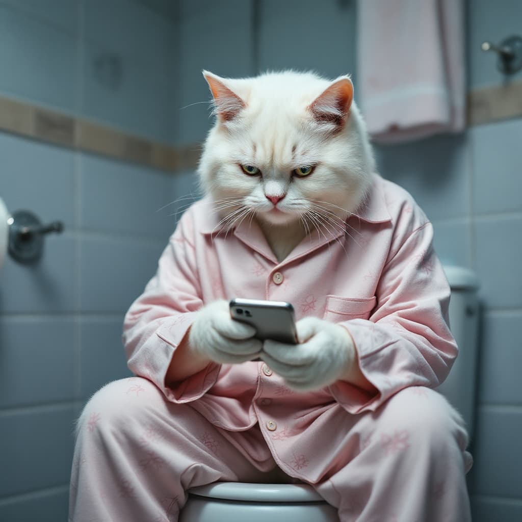 AI generated: strong dramatization, anthropomorphic real white cat wearing light pink pajamas with pattern, sittin...