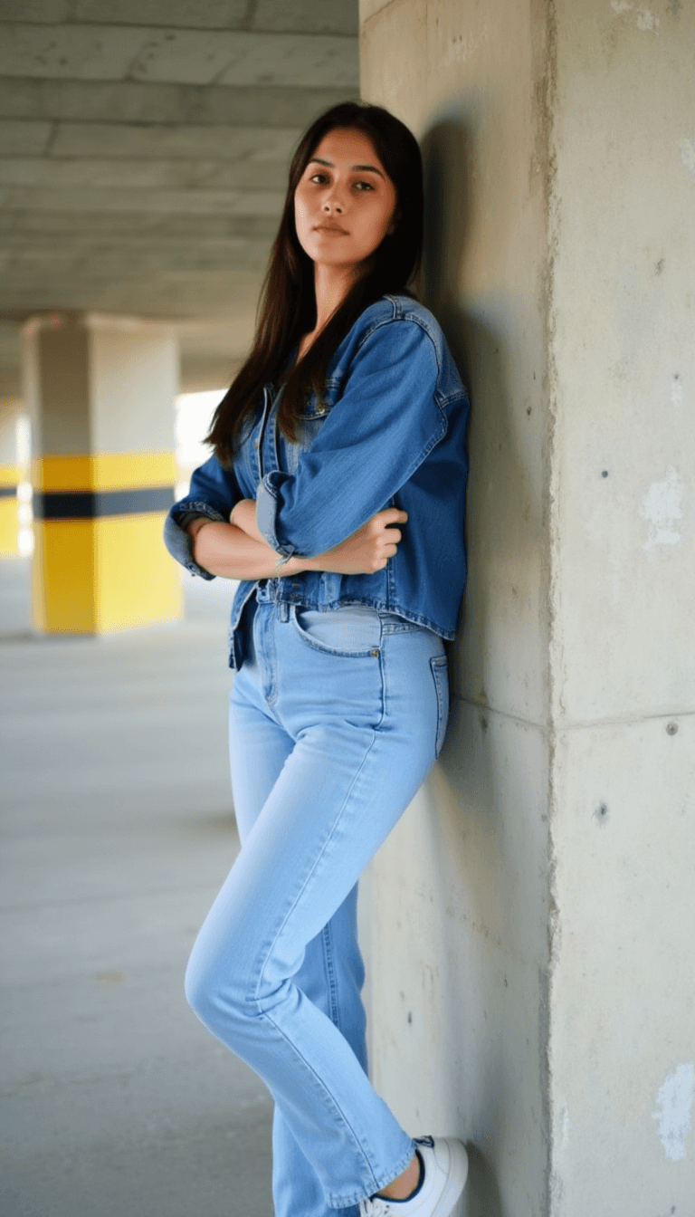 AI generated: A young woman stands confidently against a concrete wall, her right hand casually resting on it. She...