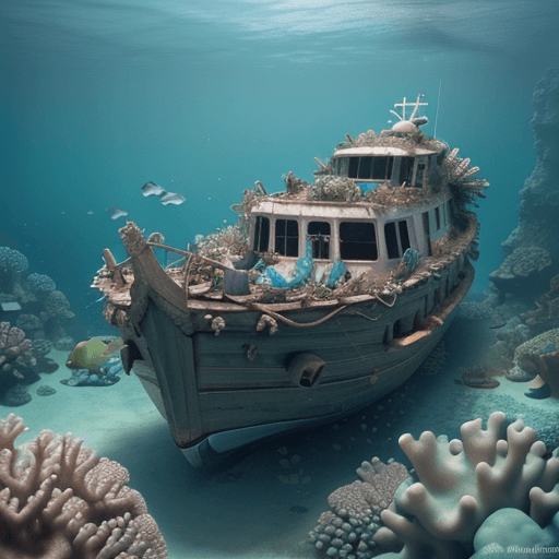 AI generated: Photo of a hyper realistic deeper dreamy small boat wreck in the corner, green baby dreamy turtle lo...