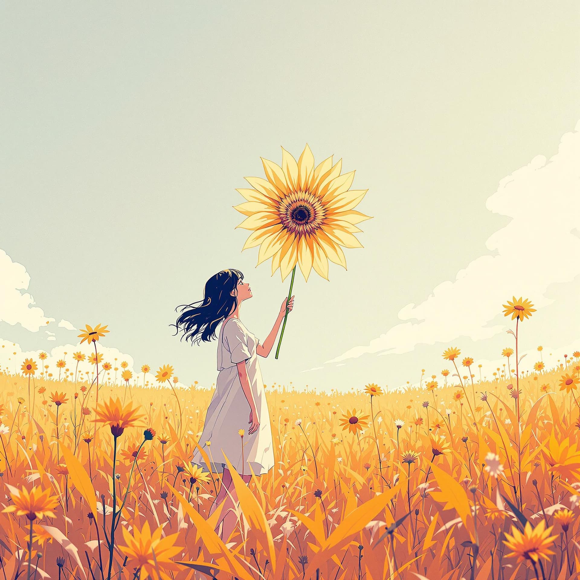 AI generated: A girl holding a huge flower, micro art, girl standing in the autumn field basking in the sun, autum...