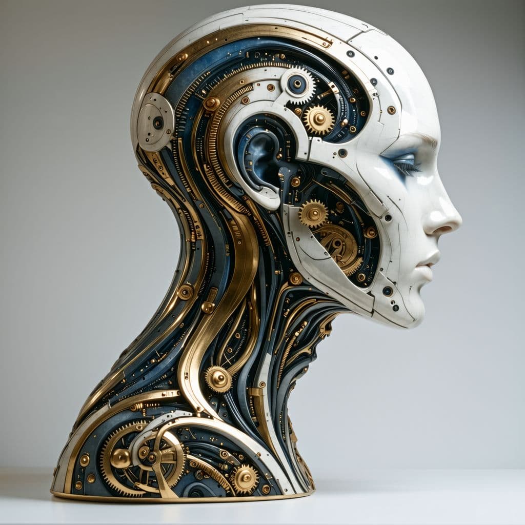 AI generated: An abstract sculpture of a head and neck in slight profile with the skin made up of intricate patter...