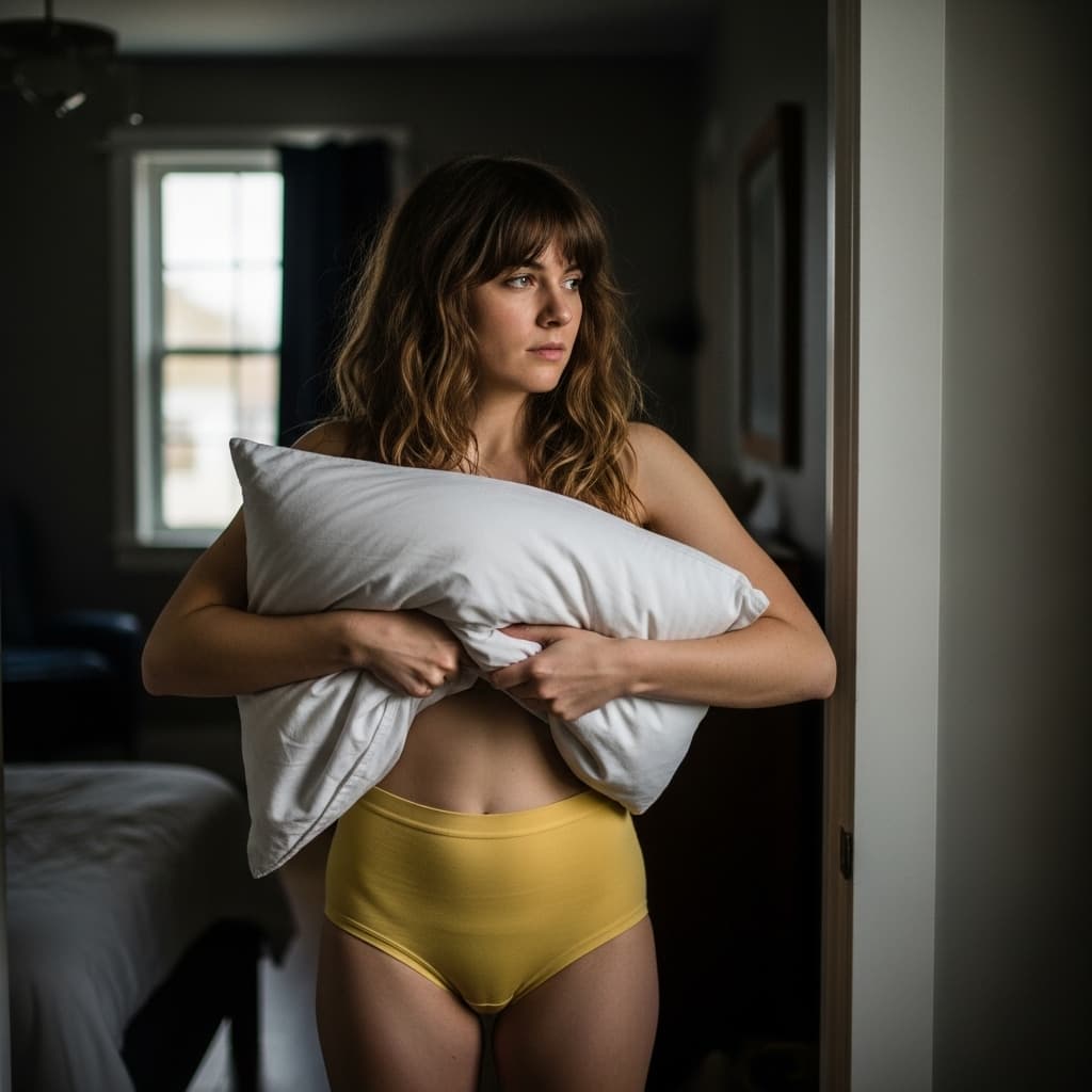 AI generated: A woman stands poised in the doorway to her bedroom, inviting the viewer with a gesture of holding a...