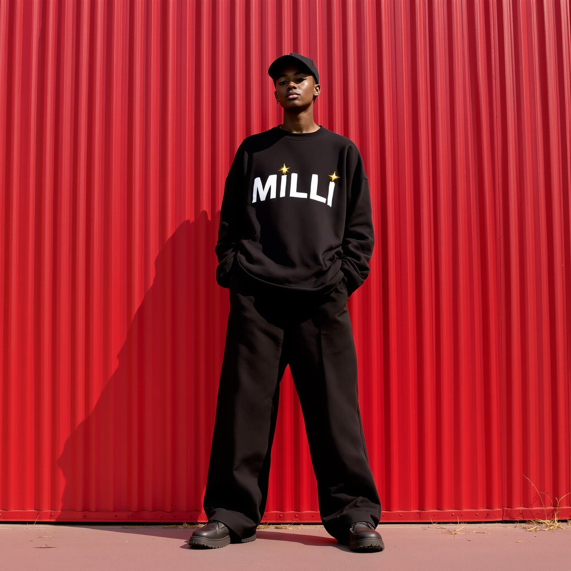 AI generated: capturing a casual yet stylish vibe, a figure in a loose, oversized black street wearing and wide-le...
