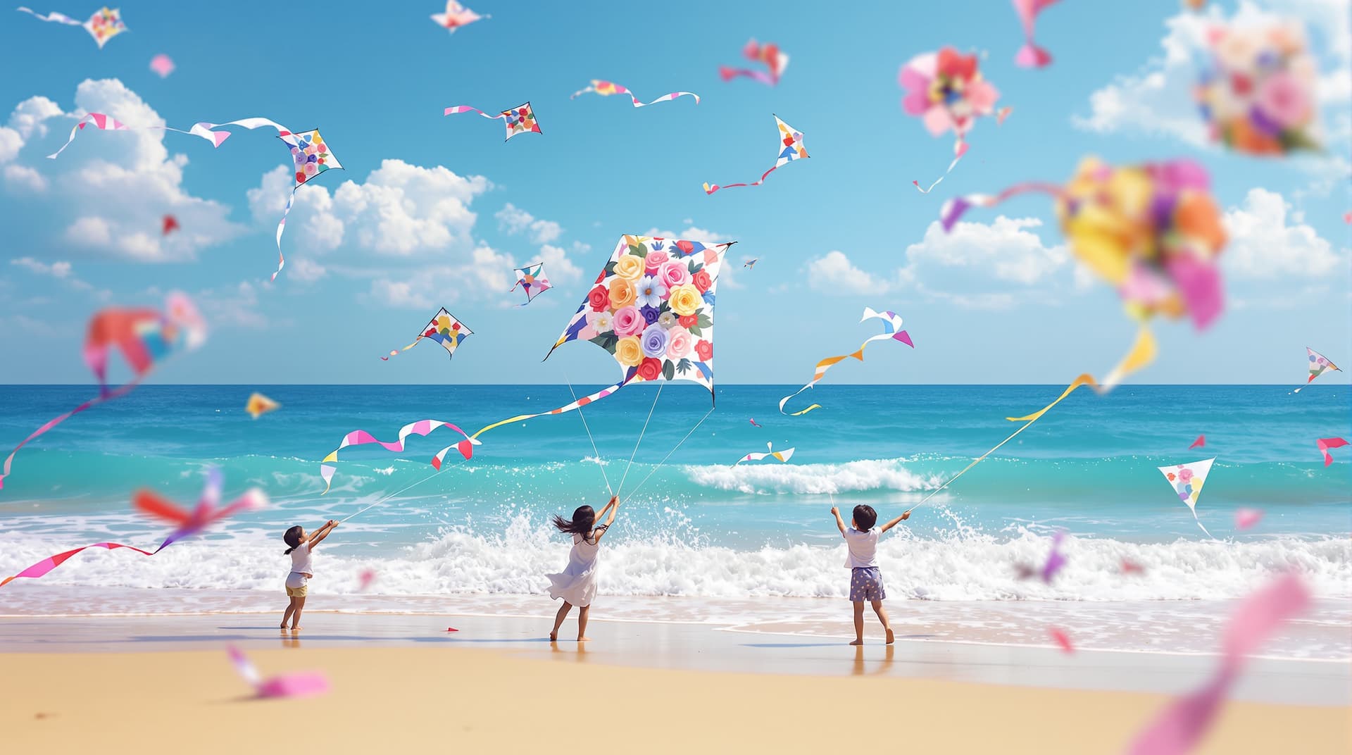 AI generated:  japanese children on a beach flying 3d kyte with random color large rose flower design pattern, chi...