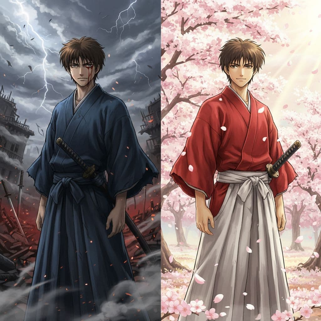AI generated: Epic 4K anime artwork of Kenshin Himura standing, scene split in two. Left side: Hitokiri Battousai,...