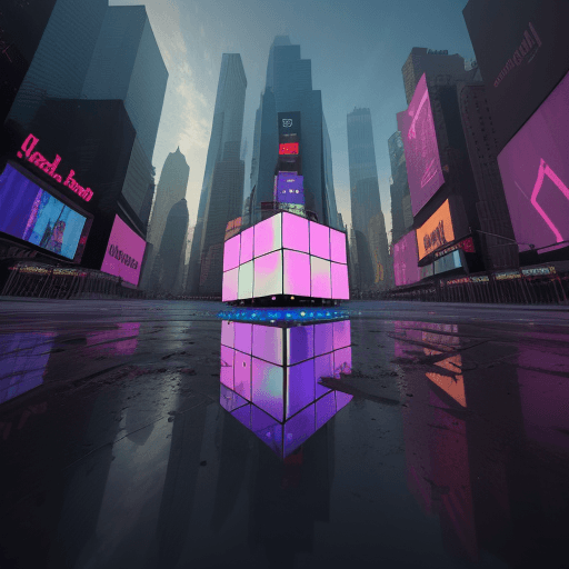 AI generated: A giant mirror cube in the middle of Times Square, deserted, without people or cars, reflecting the ...