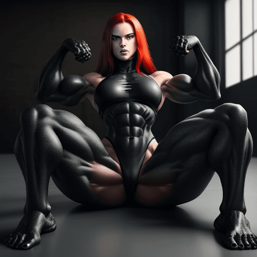 AI generated: 1 young beautiful bodybuilder woman with a wide strong jaw wearing a black monster symbiote, red hai...