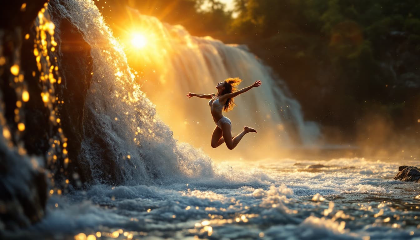 AI generated: Photo of a ultra realistic young lady jumps joyfully into the shimmering water at sunset, golden ray...