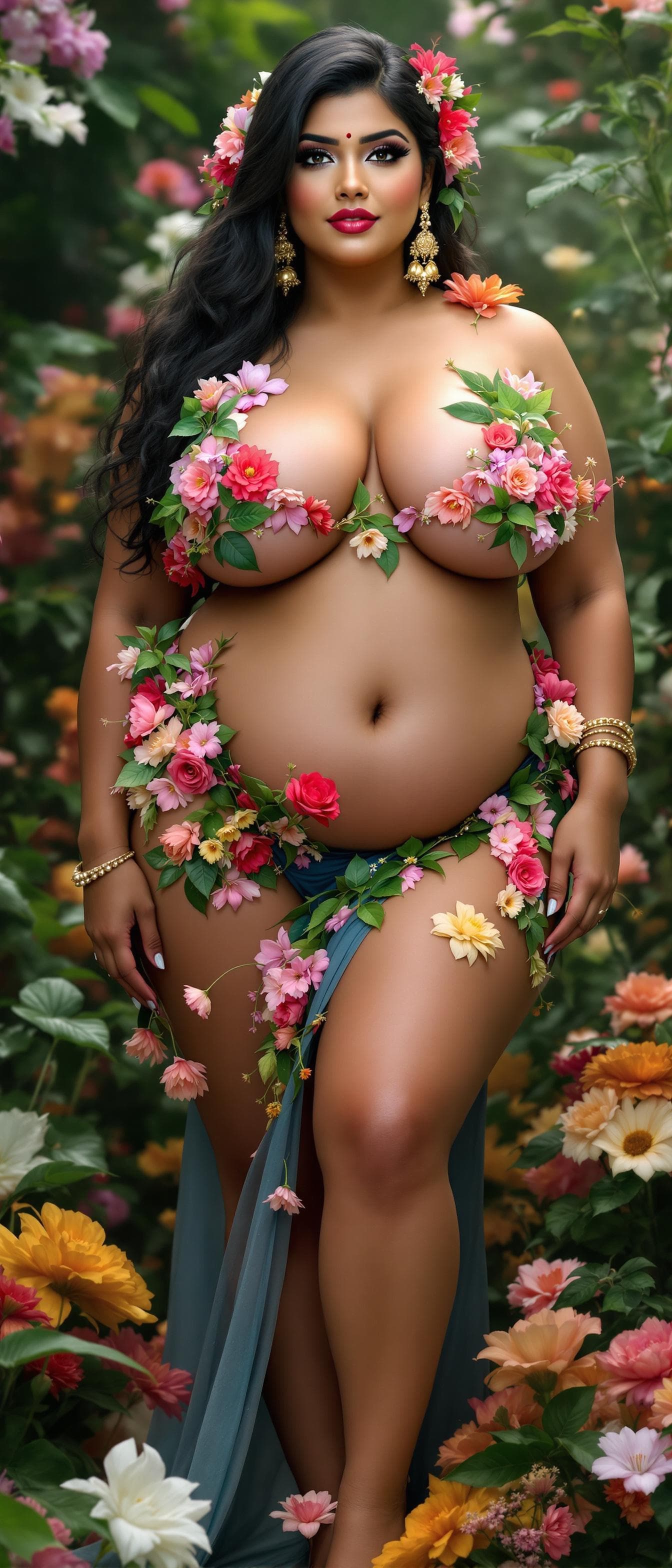 AI generated: a full  front view large big curvy puffy boobs cleavage boobs nipple covered with flowers and leaves...