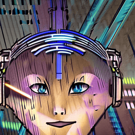 AI generated: ((1 girl)), massive huge boobs, anime robot girl with headphones, has glowing blue eyes, colorful ci...
