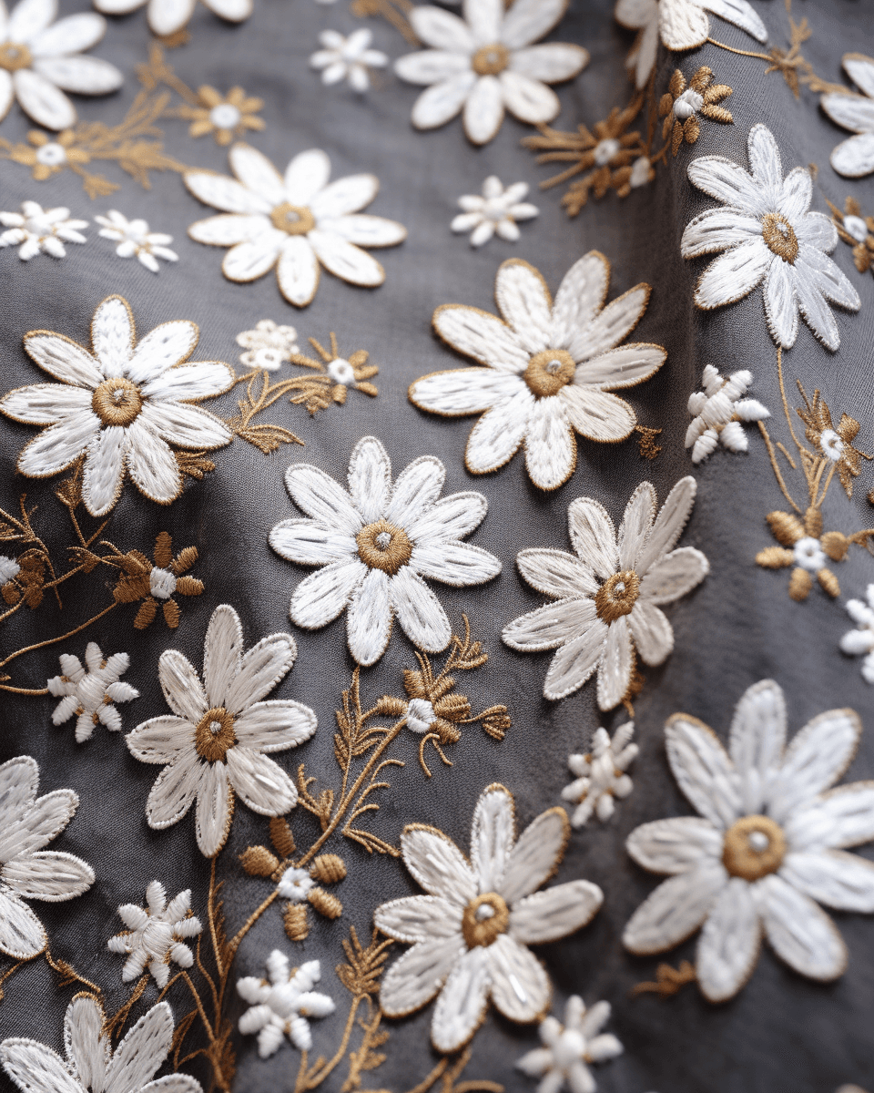 AI generated: A close up of an embroidered fabric with white snowflakes on it, in the style of Tanya Shatseva, wit...