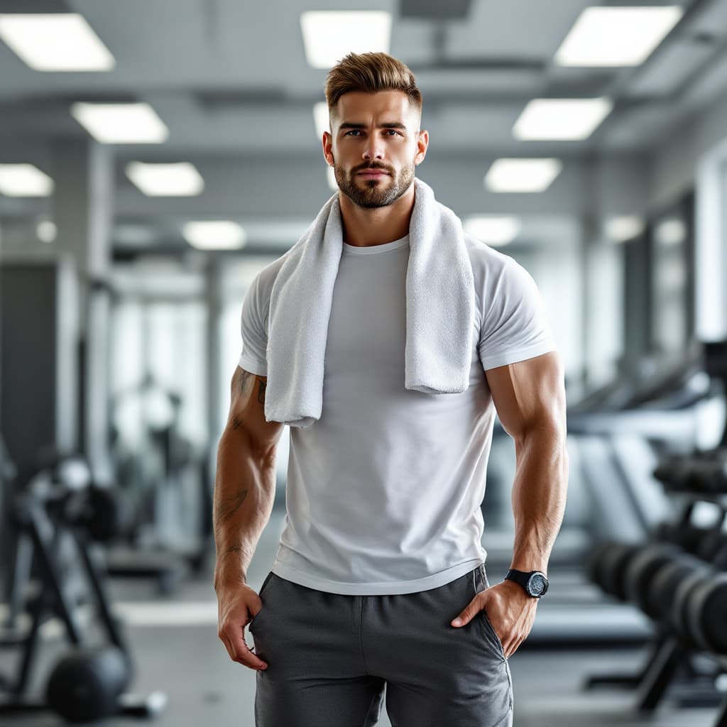 AI generated: A man at the gym wearing gym clothes, including a T-shirt, shorts, and sneakers, with a towel casual...