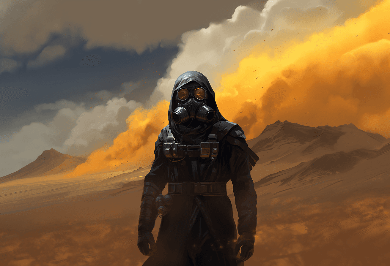AI generated: Painting of an engineer in a black uniform and mask standing on the ground, he is blowing out white ...