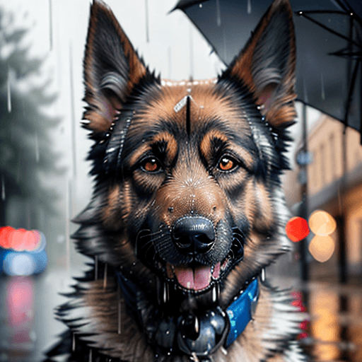 AI generated: photorealistic close-up portrait of a beautiful German shepard in the rain on a street with a blurre...