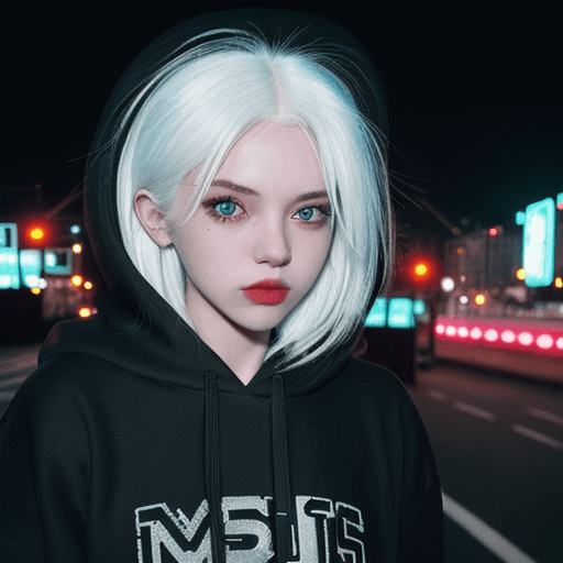AI generated: Fantastic girl with white hair from incredible angle view in black hoodie, city landscape should be ...