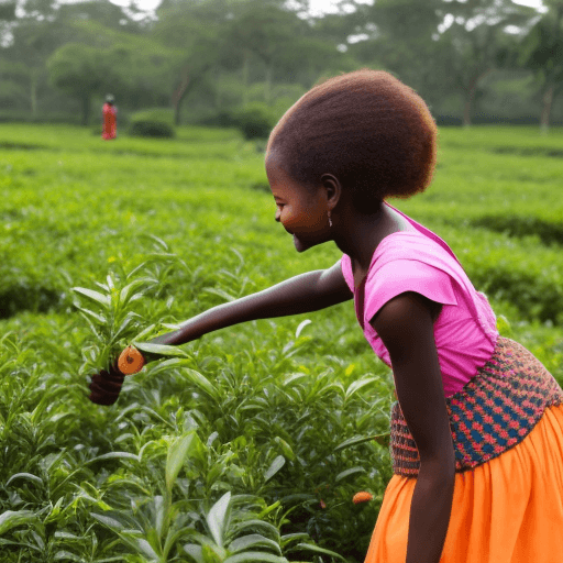 AI generated: Cheerful African girl picking tea on a plantation