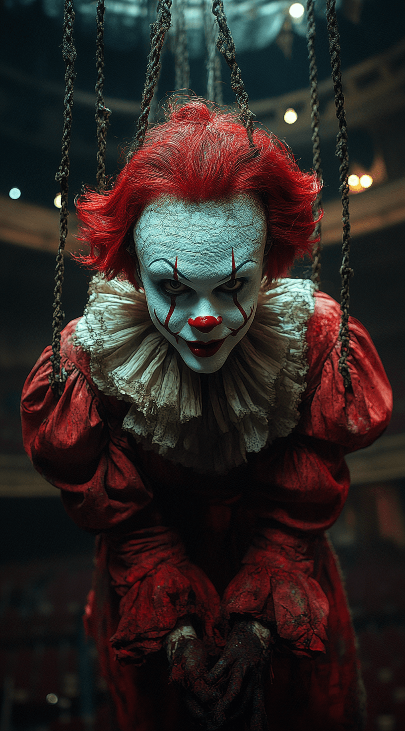 AI generated: Full-body shot of an eerie puppet woman with clown makeup, hanging from the ceiling in front of an e...