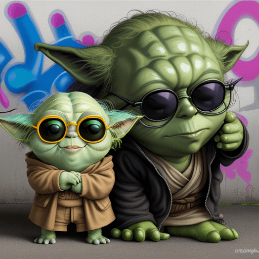 AI generated: yoda and cheewaka cousins with sunglasses, graffiti art 