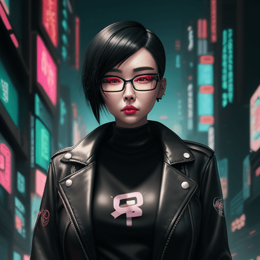 AI generated: a woman with glasses and a leather jacket, japanese, mixed, short black hair, nose ring, cyberpunk a...