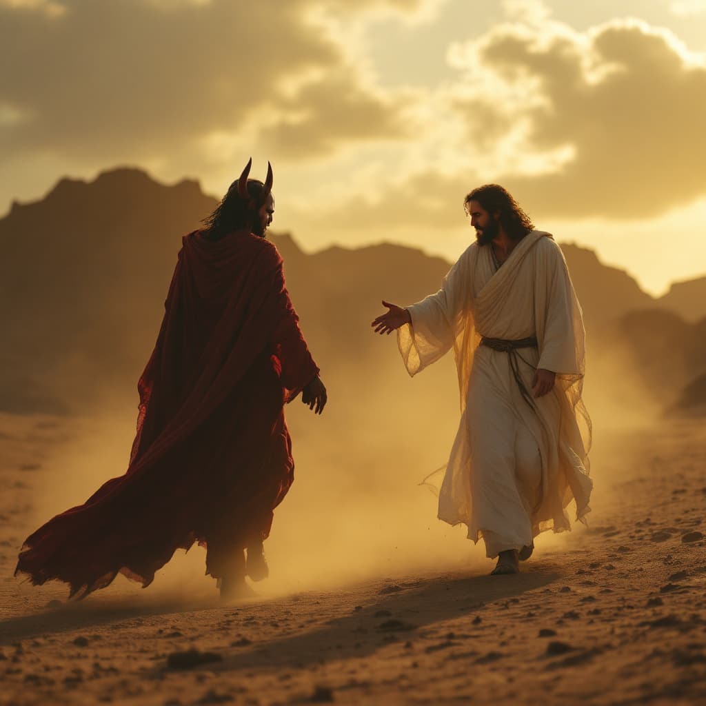 AI generated: Jesus will be on the right side walking along with the devil on the left side. in the desert. cinema...