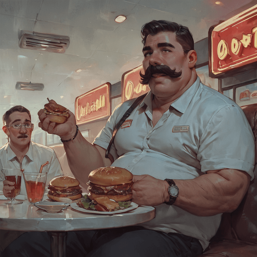 AI generated: 1guy, human, semi-realistic, cheff, mustache, lusty face, diner brackground