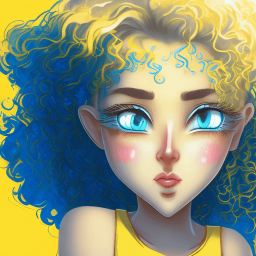 AI generated: beautiful confident girl, with blue hair and yellowish face, curly, big eyes and long eyelashes, the...