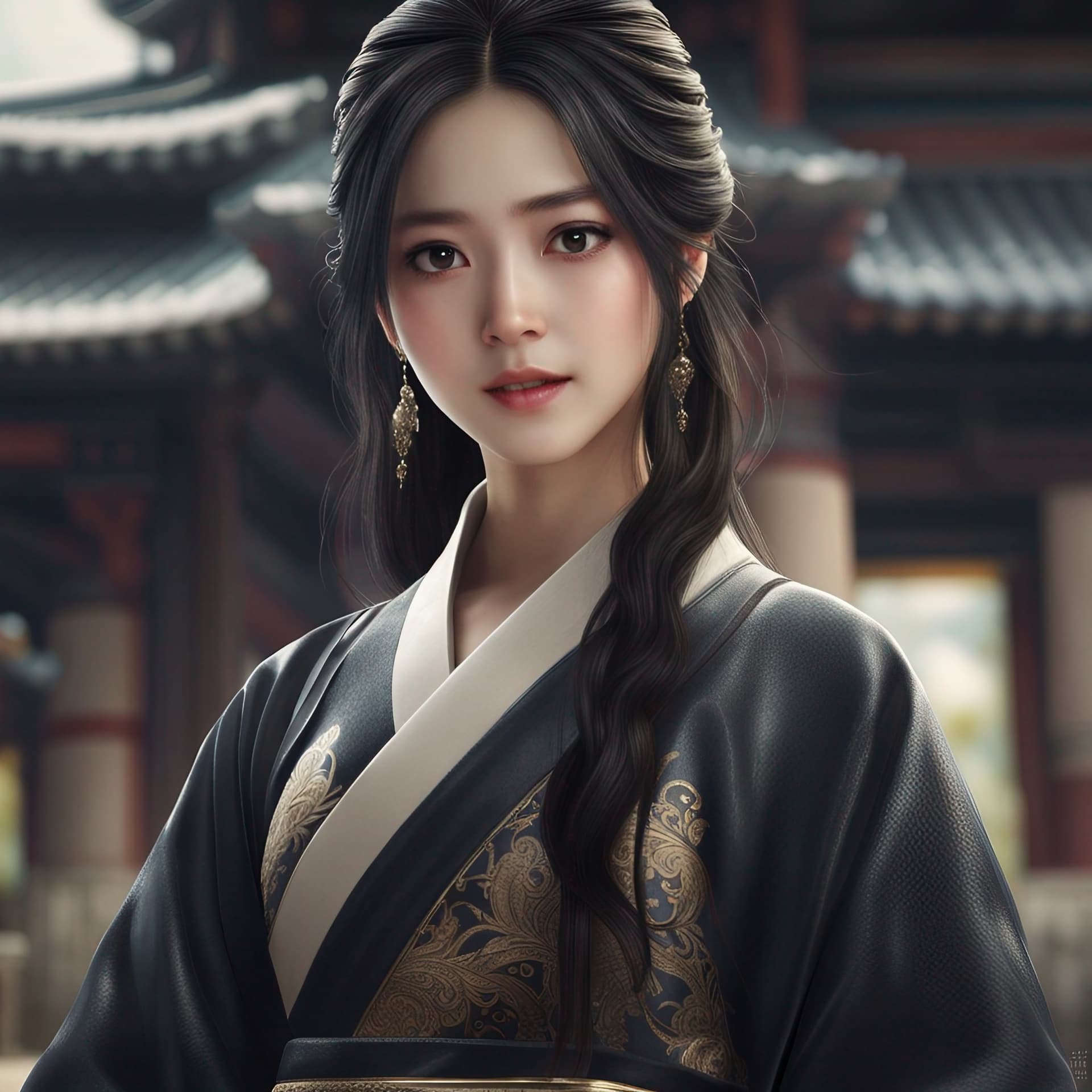 AI generated: korean idol,korean beauty,black hair,korea temple,detailed beautiful face,(best quality_1. 4),smile,...