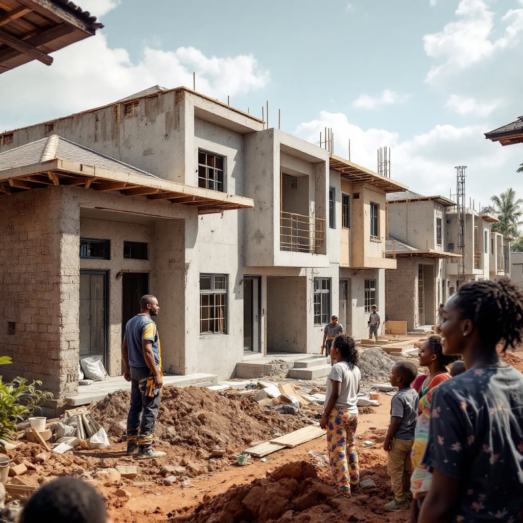 AI generated: "A photorealistic image of a construction site in Lagos, Nigeria, where workers are building durable...