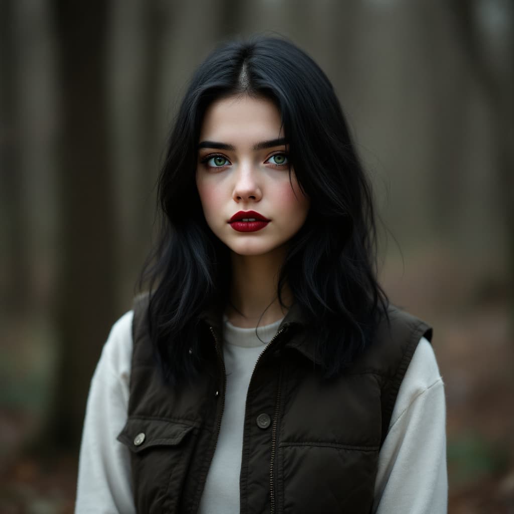 AI generated: 20 year old black haired girl, shoulder length black hair, stunning green eyes. wearing vest and sta...