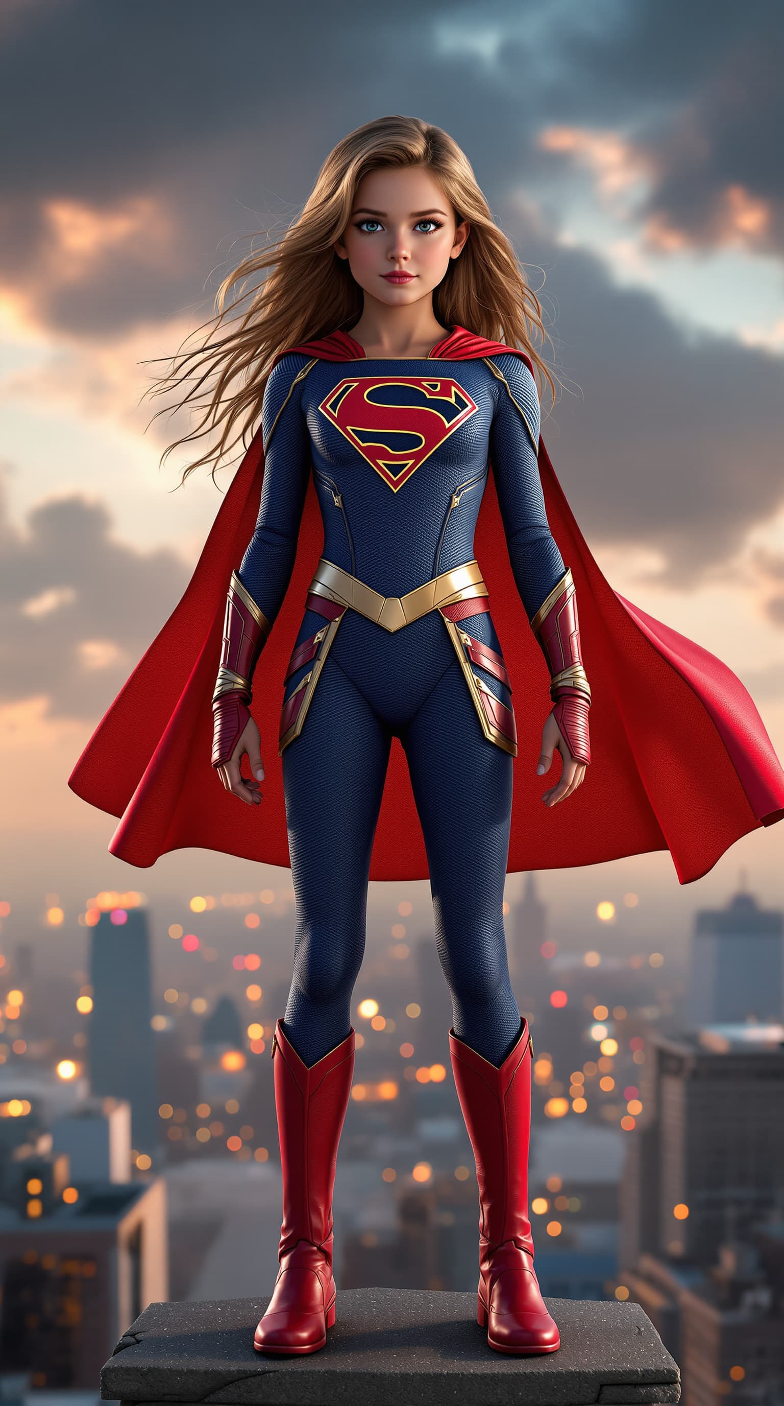 AI generated: A hyper-realistic depiction of a twelve year old Evie Templeton playing the role of Super-girl, Stan...